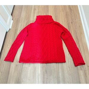 Inis Crafts Large Red 100% Merino Wool Cable Knit Turtleneck Fisherman Sweater